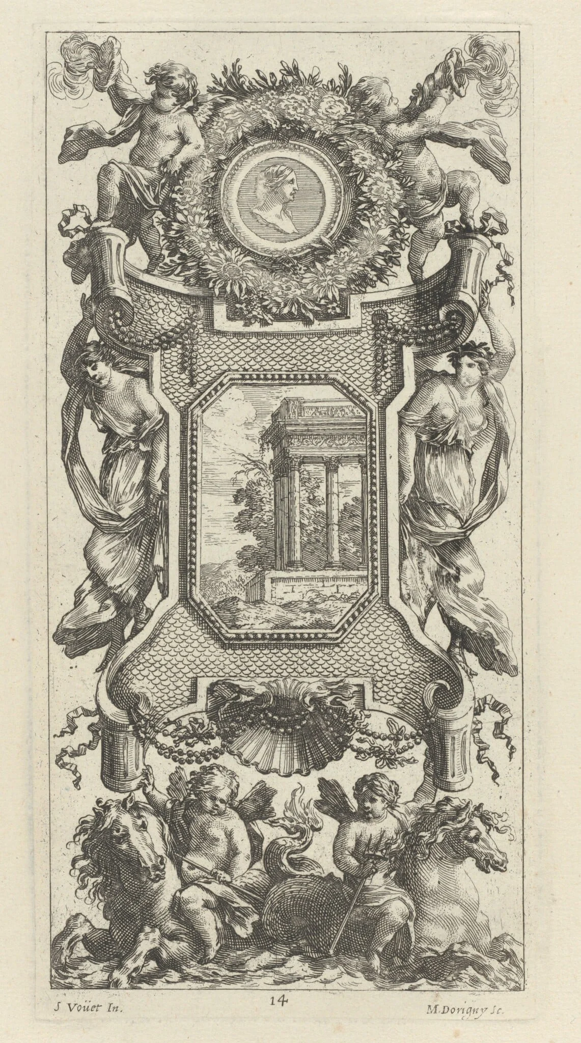 Ornamental Panel Surmounted by a Bust of a Woman and Two Putti with Flaming Trumpets, by Michel Dorigny, ink, 1647