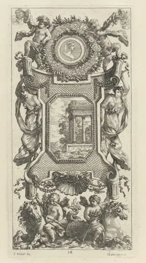 Ornamental Panel Surmounted by a Bust of a Woman and Two Putti with Flaming Trumpets