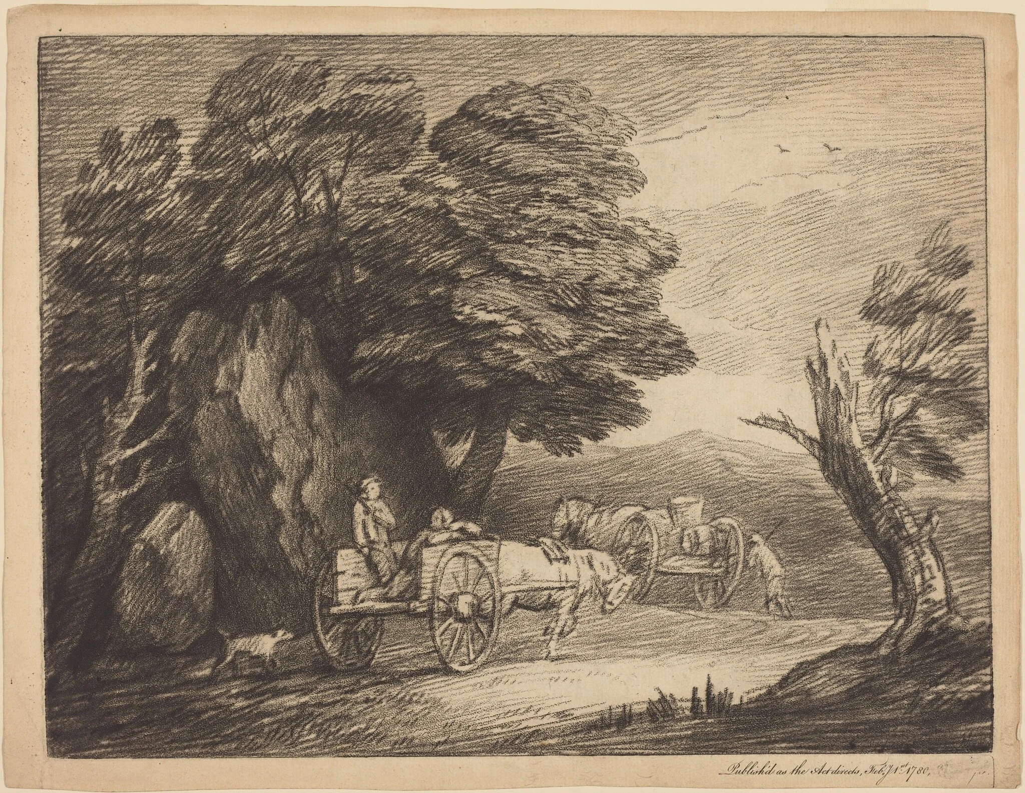 Wooded Landscape with Two Country Carts and Figures, by Thomas Gainsborough, ink, 1780