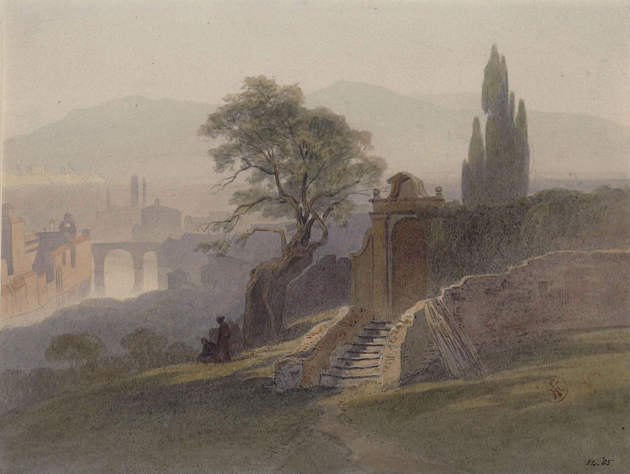 Tasso's Oak in the monastery garden of San Onofrio, Rome, by Harry Johnson, watercolor, 1850