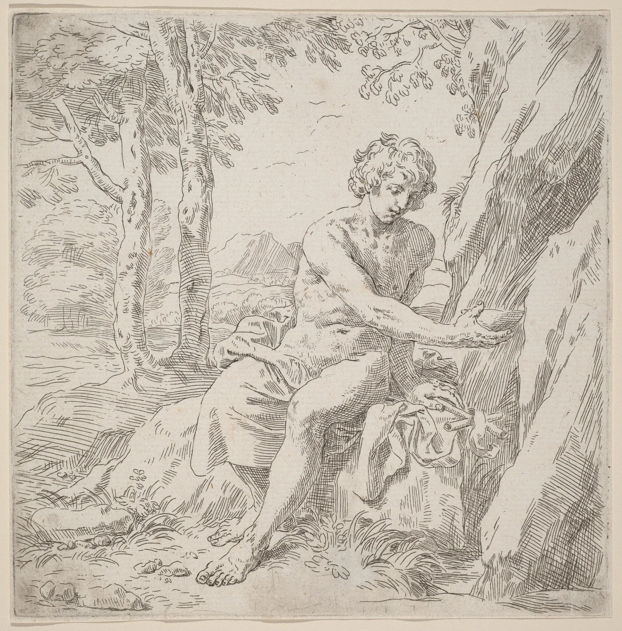 Saint John the Baptist in the Desert, by Simone Cantarini, ink, 1630