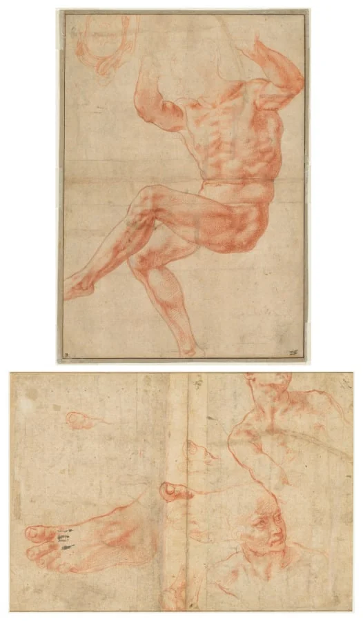 Study for the Nude Youth over the Prophet Daniel (recto); Figure Studies for the Sistine Ceiling (verso), by Michelangelo, 1510