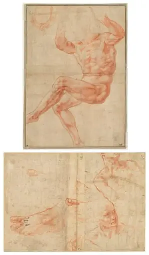 Study for the Nude Youth over the Prophet Daniel (recto); Figure Studies for the Sistine Ceiling (verso)