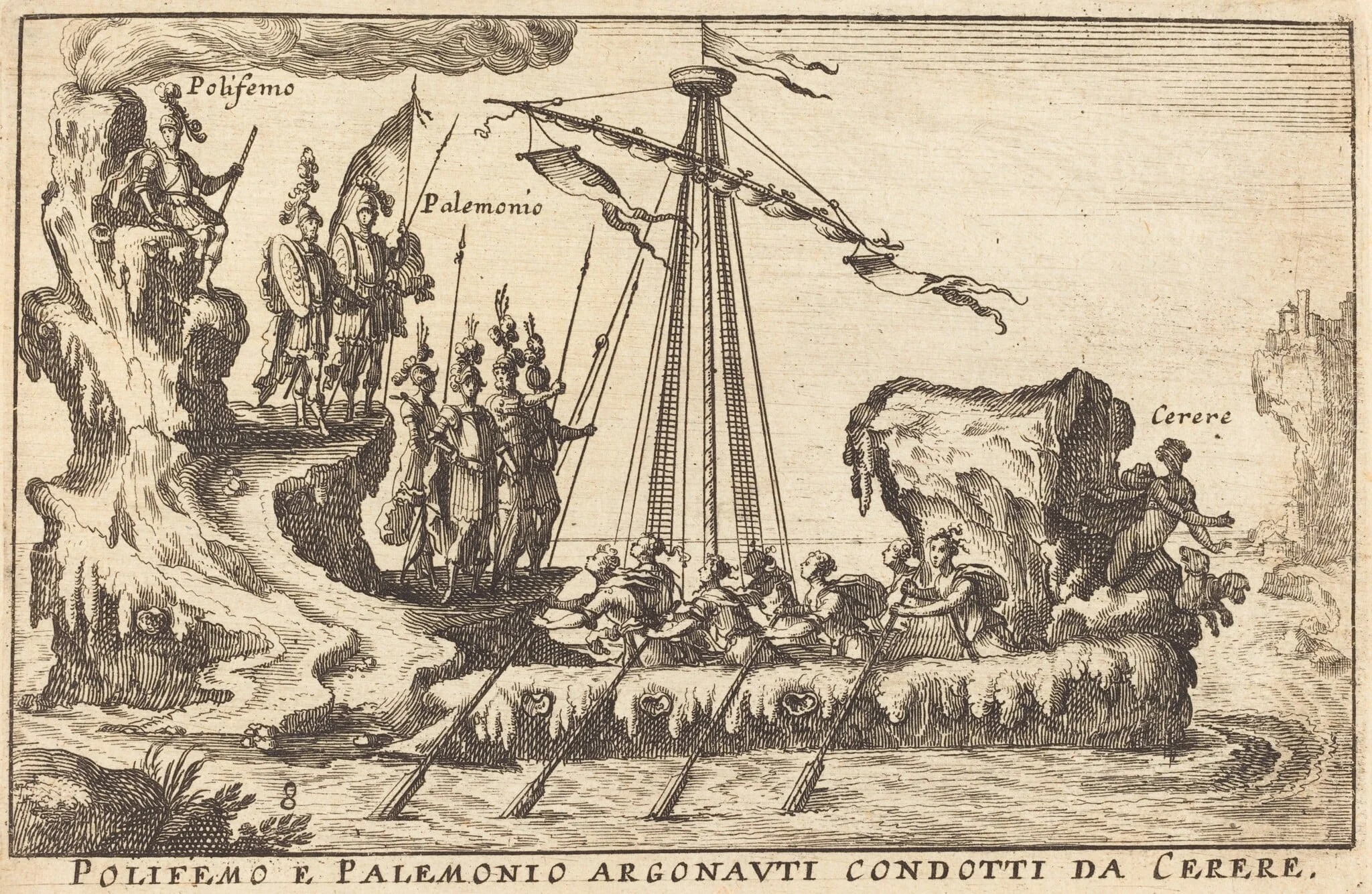 Polifemo e Palemonio Argonauti condotti da Cerere, by Balthasar Moncornet, ink, 1634