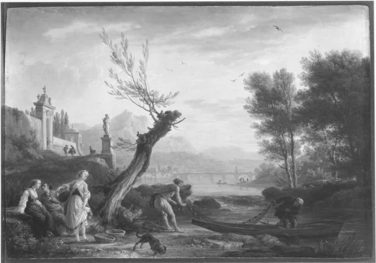 Flussfischer am Abend, by Claude-Joseph Vernet, unspecified