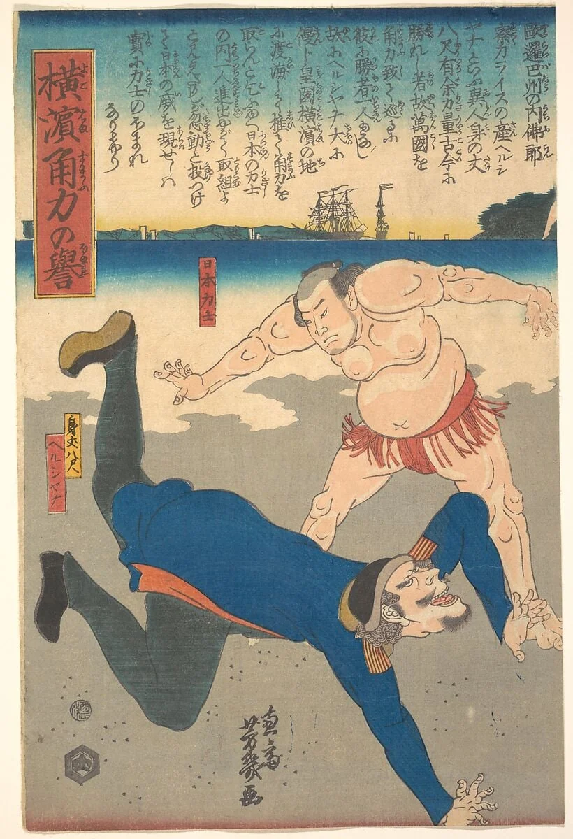 Sumo no homane|Sumo Wrestler Tossing a Foreigner, by Utagawa Yoshiiku, ink, 1