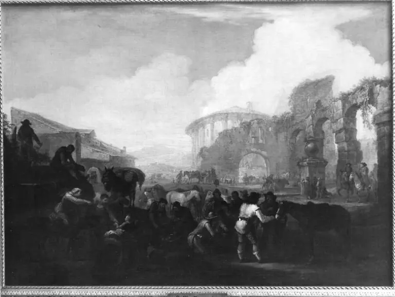 Travelers at a stopping place with ruins in the background