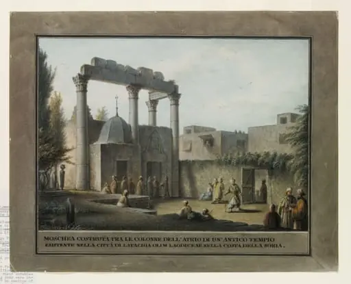 Mosque built between the columns of an ancient temple in Latakia on the coast of Syria, about 1800