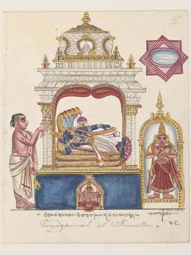 The shrine of Vishnu in the form of Viraraghavaswami, reclining on the serpent of eternity.