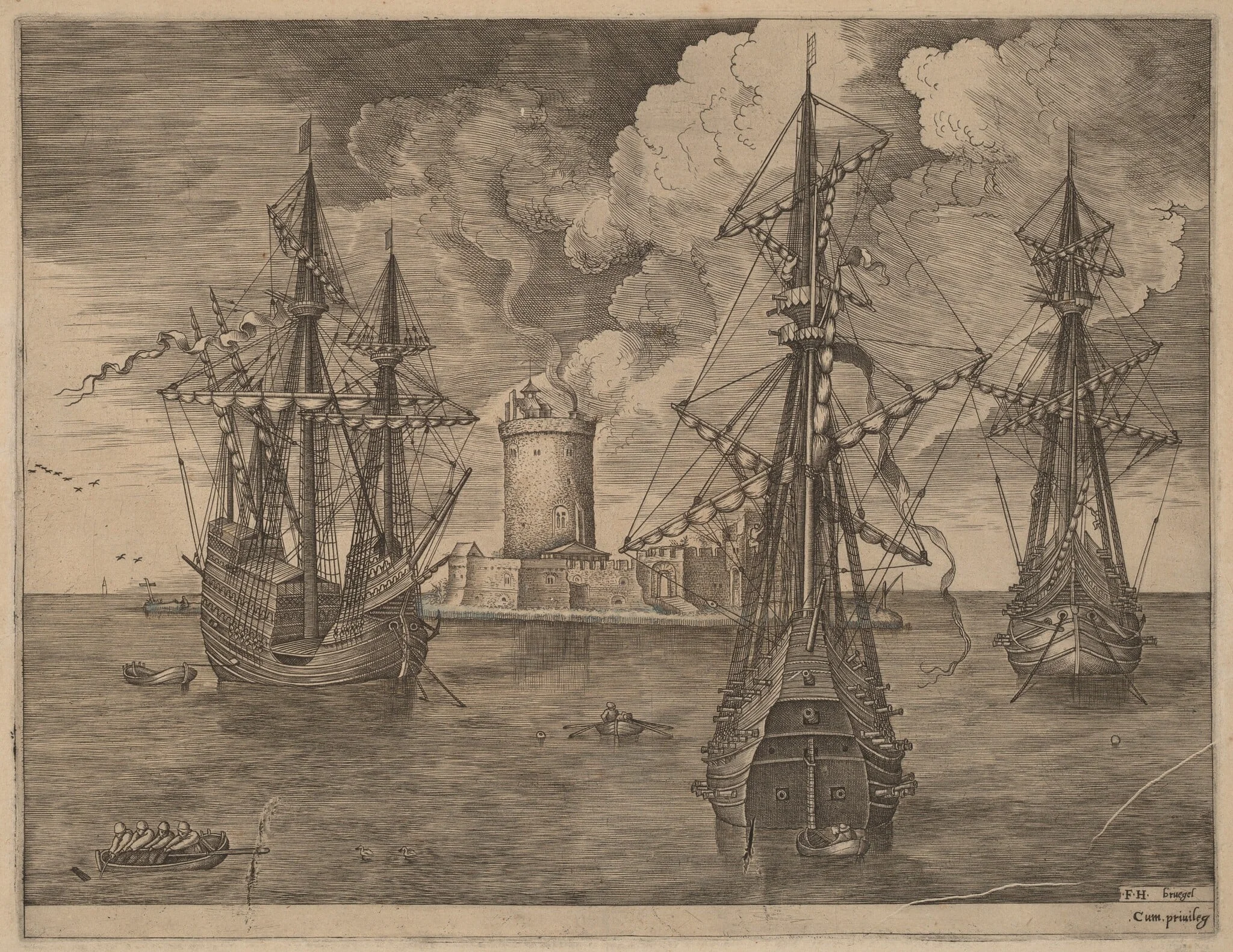 Four-Master (Left) and Two Three-Masters Ancored Near a Fortified Island with a Lighthouse