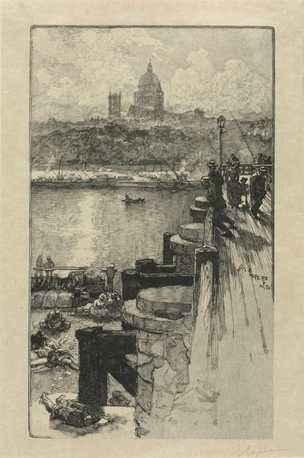 Fishermen on  a Pier, Paris, by Auguste Lepère, 1894