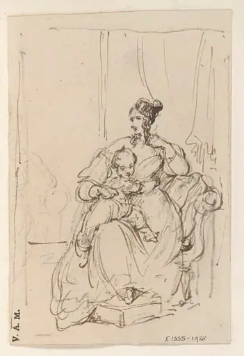 A Western woman with a child on her knee