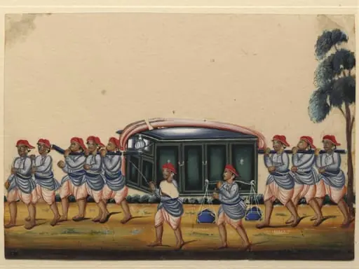 A closed palanquin with six bearers