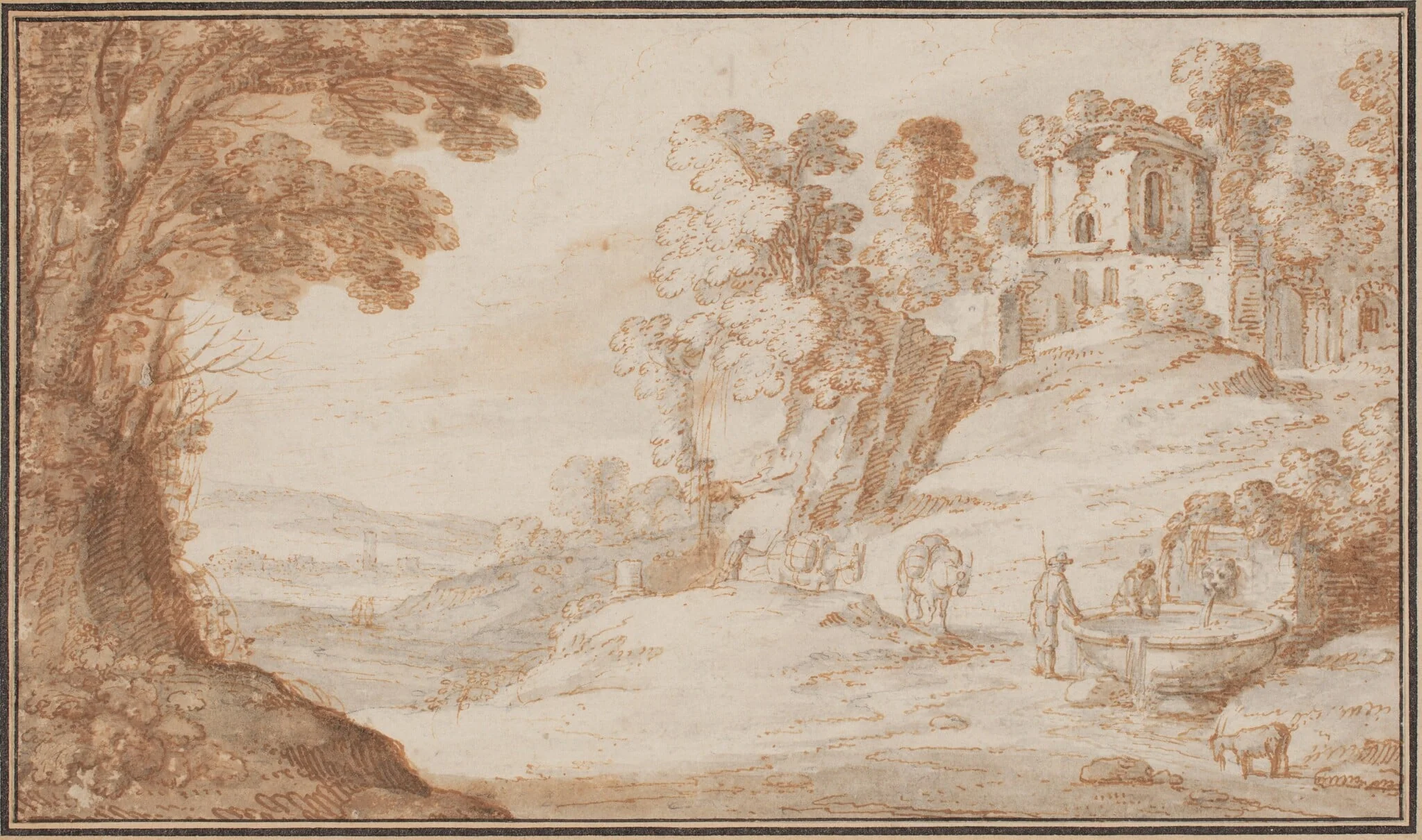 Classical Landscape with a Fountain, by Paul Bril, ink, 1590