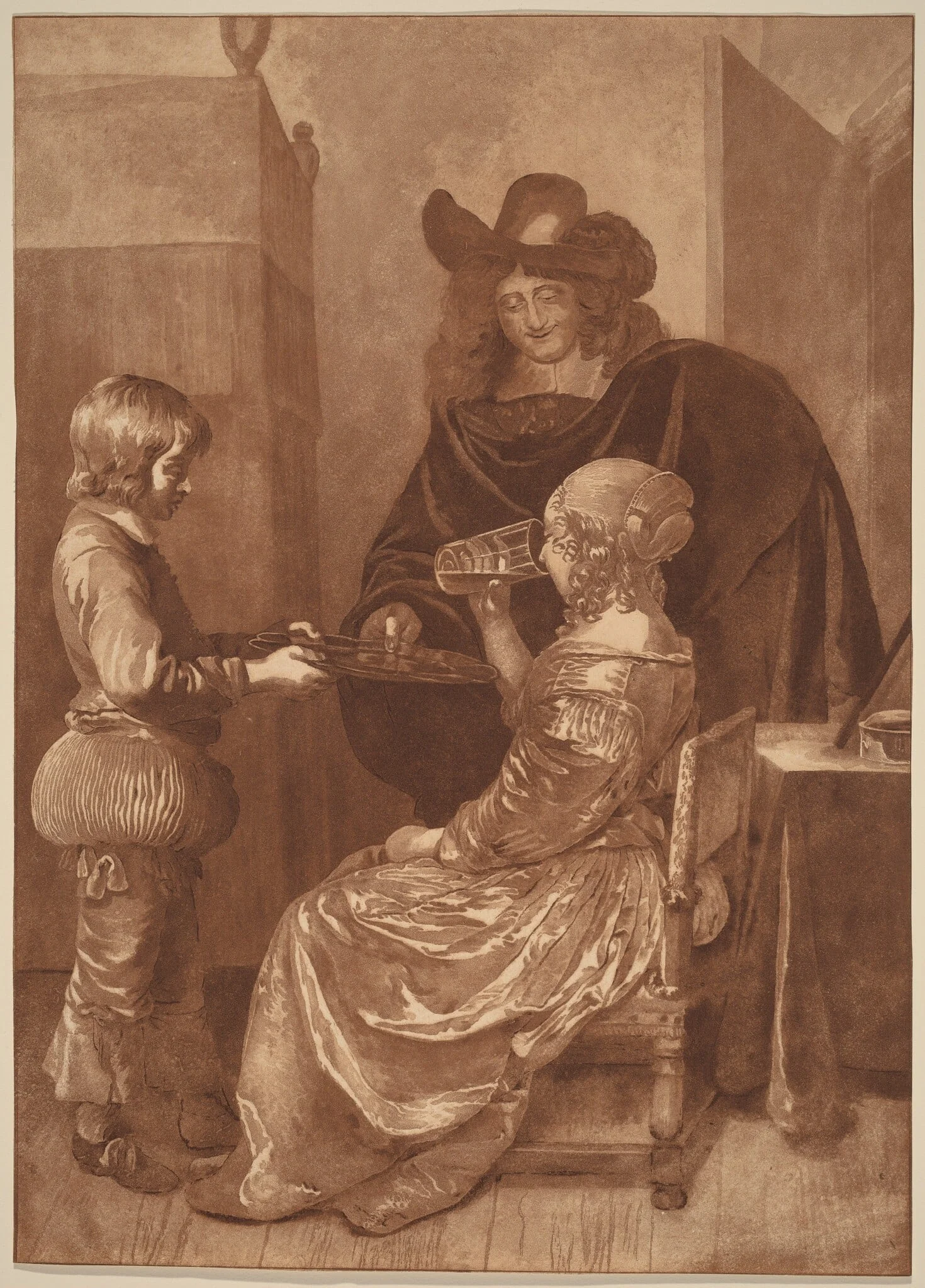 Cavalier and Lady with a Page, by Jacobus Buys, ink, 1779