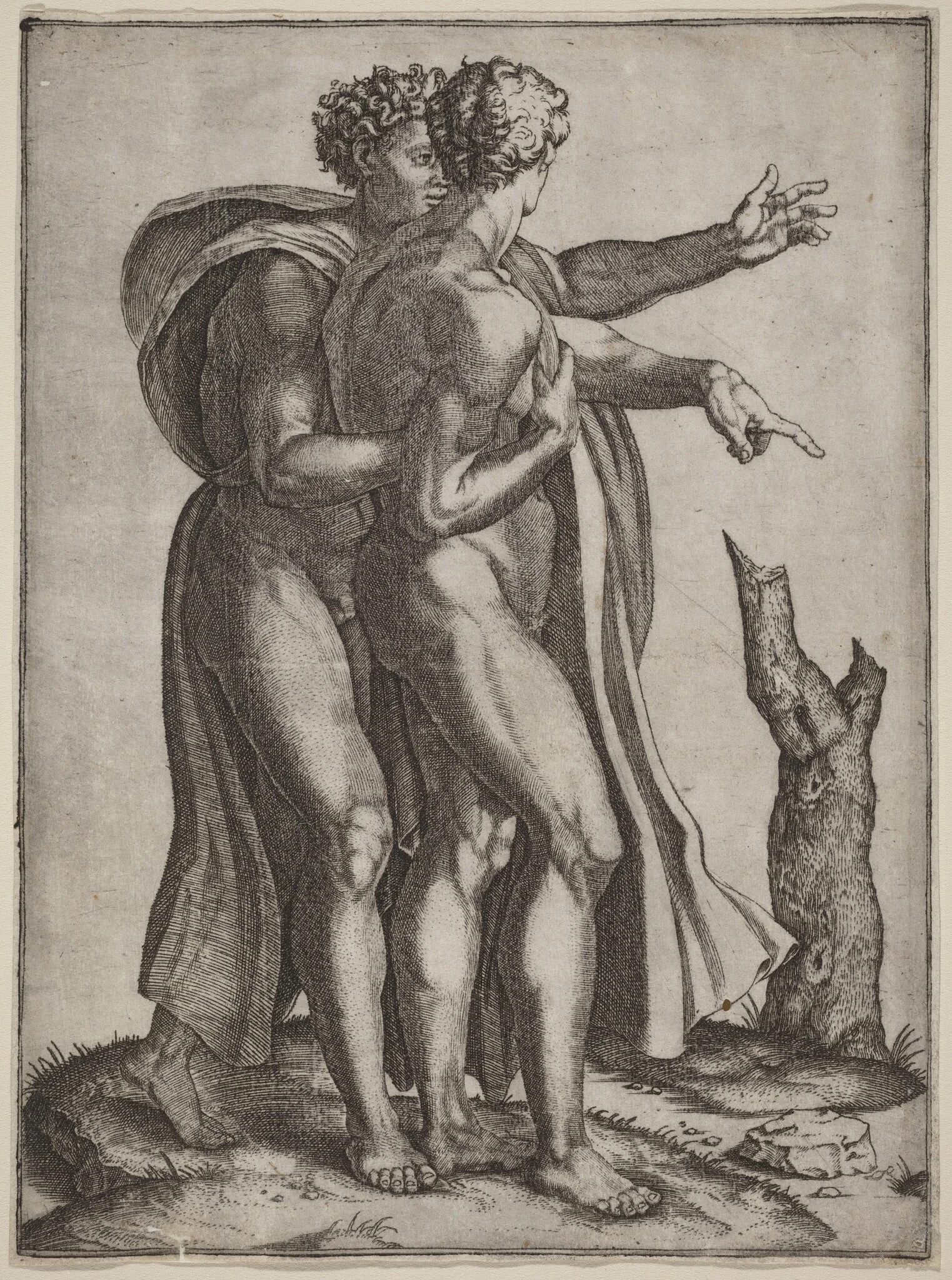 Two Nude Men, by Marcantonio Raimondi, ink, 1507