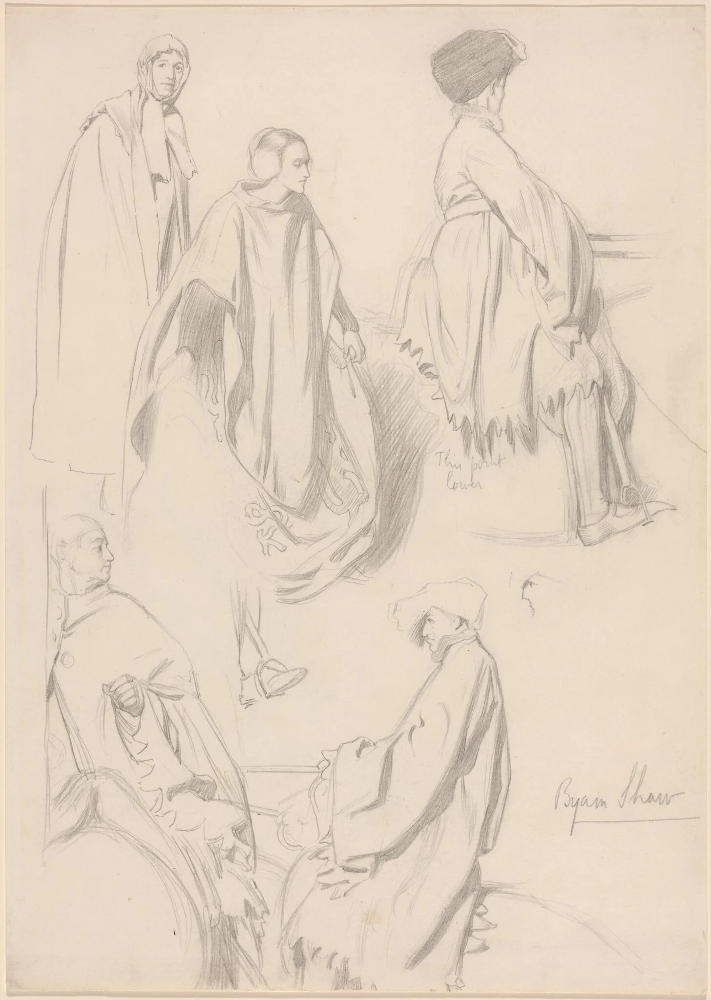 Studies of Men and Women in Medieval Dress, by Byam Shaw, graphite, 1896