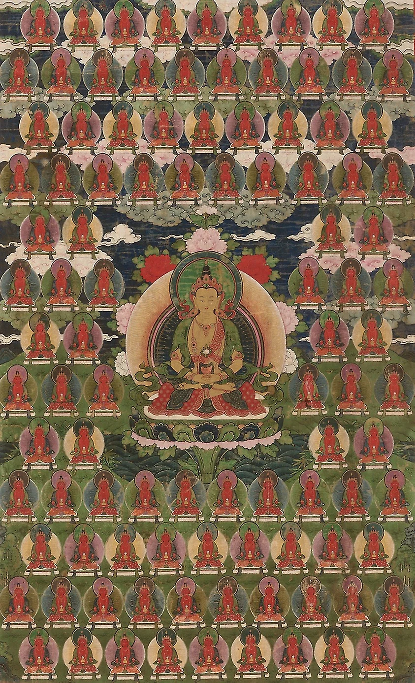 Painted Banner (Thangka) of Amitayus Buddha Surrounded by One Hundred Buddhas