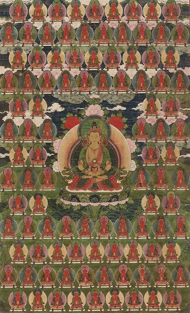 Painted Banner (Thangka) of Amitayus Buddha Surrounded by One Hundred Buddhas