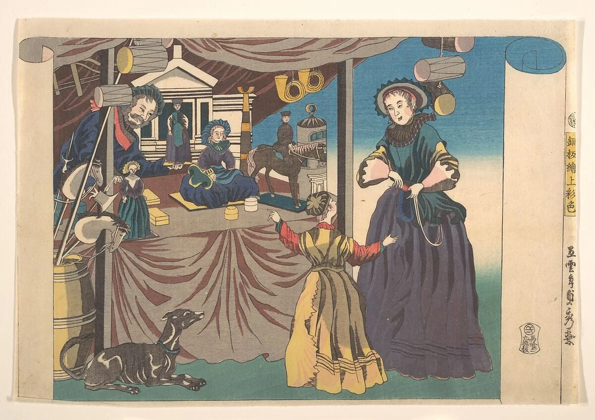 Doban-e Jōgyō shiki|Color Print of a Copperplate Picture of a Toy Shop, by Utagawa (Gountei) Sadahide, ink, 1860