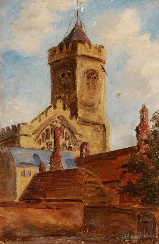 A Gothic Church Tower and Other Buildings