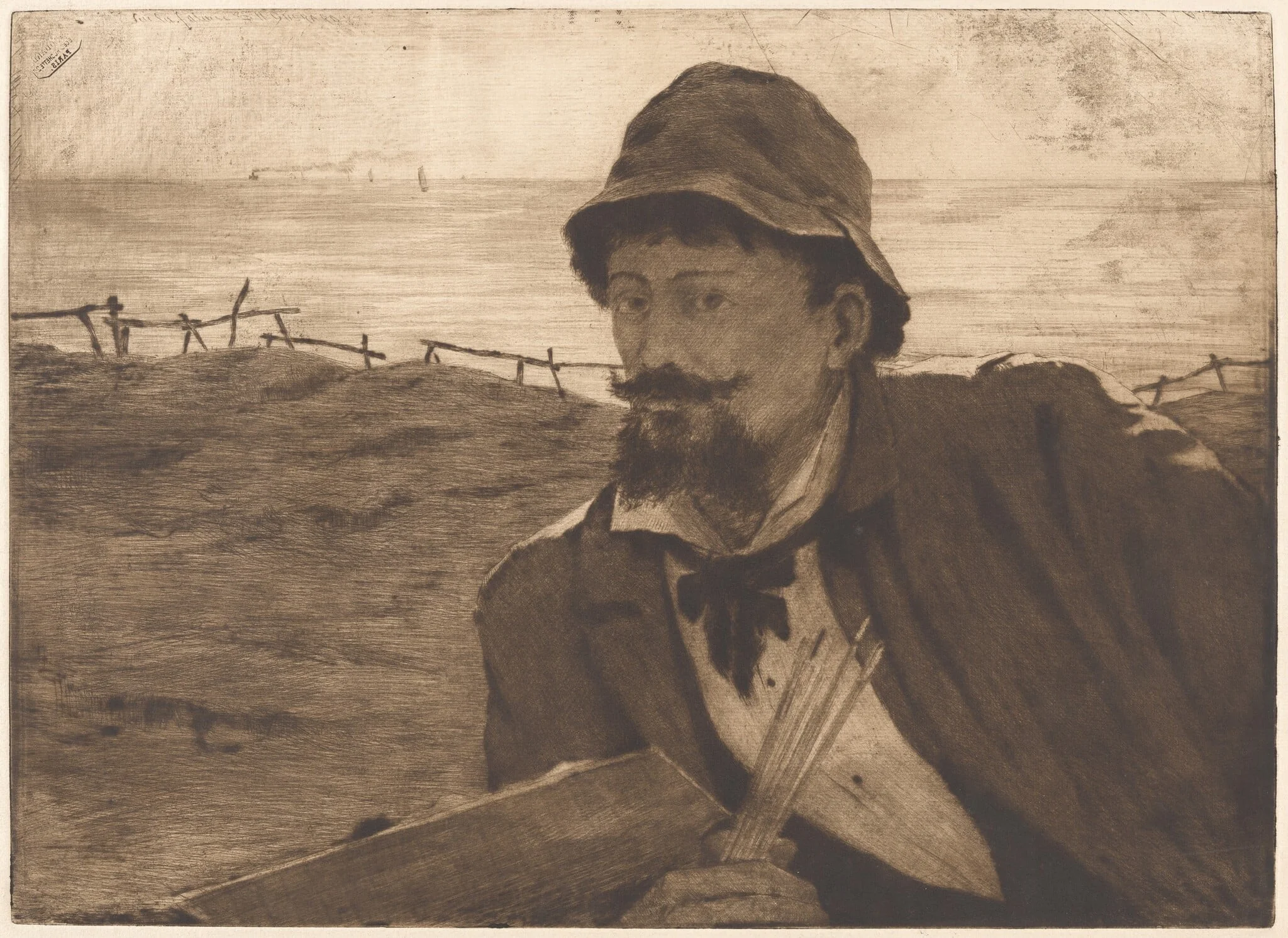 Sur la falaise [Self-Portrait], by Henri-Charles Guérard, ink, 1888