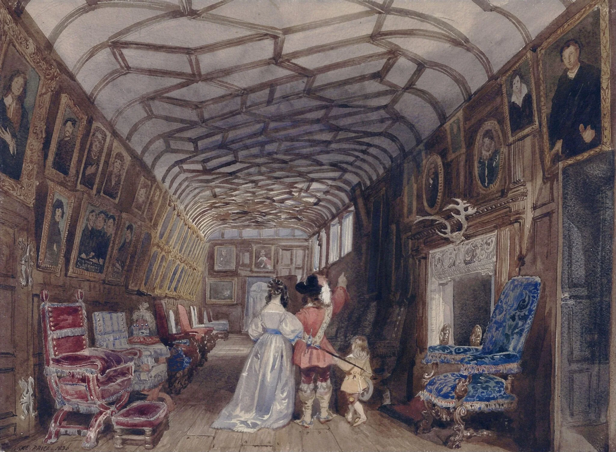 The Long Gallery, Knole, by Lake Price, watercolor, 1836