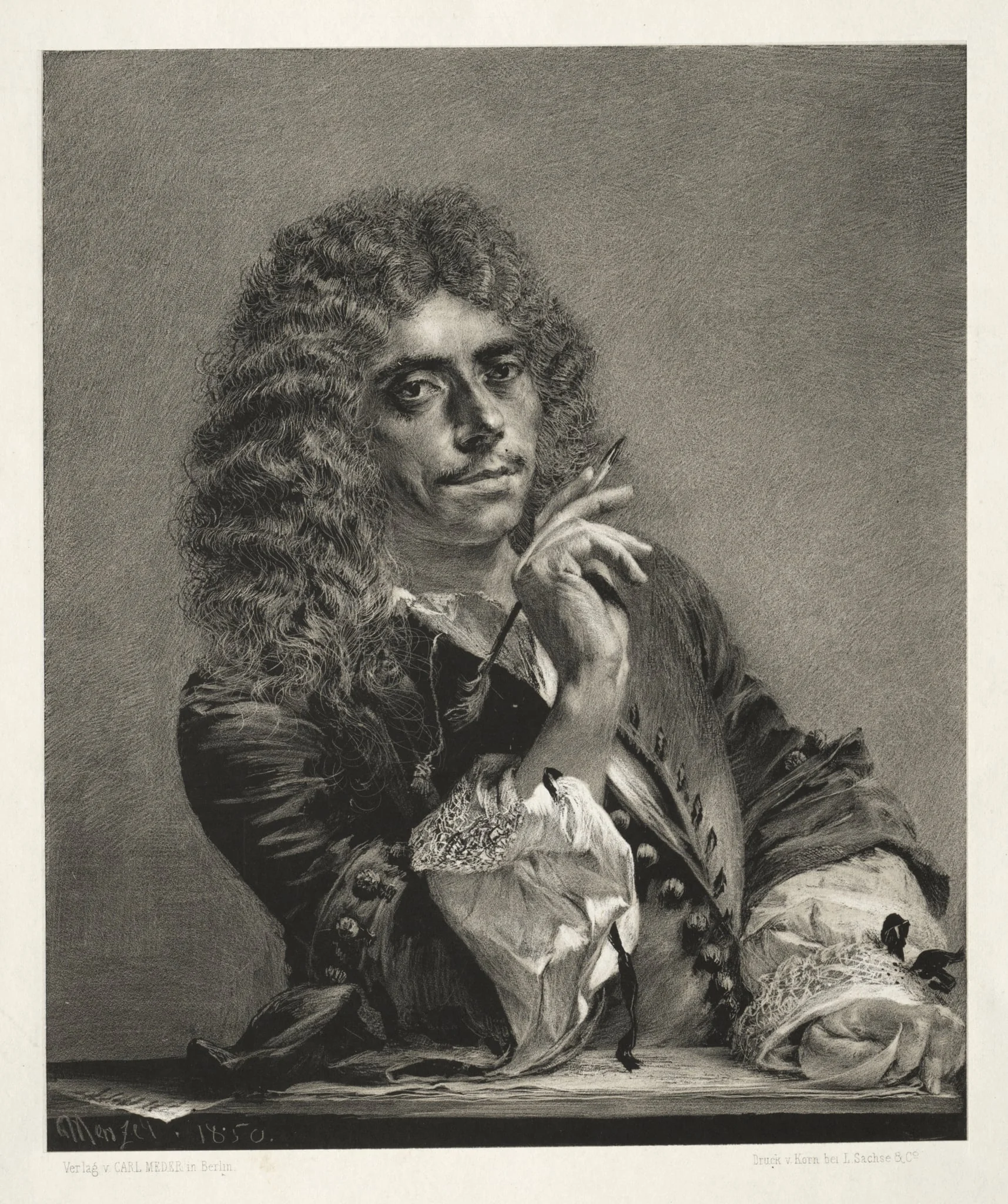 Essay on Stone with Brush and Scraper:  Portrait of Molière, by Adolph von Menzel, 1850
