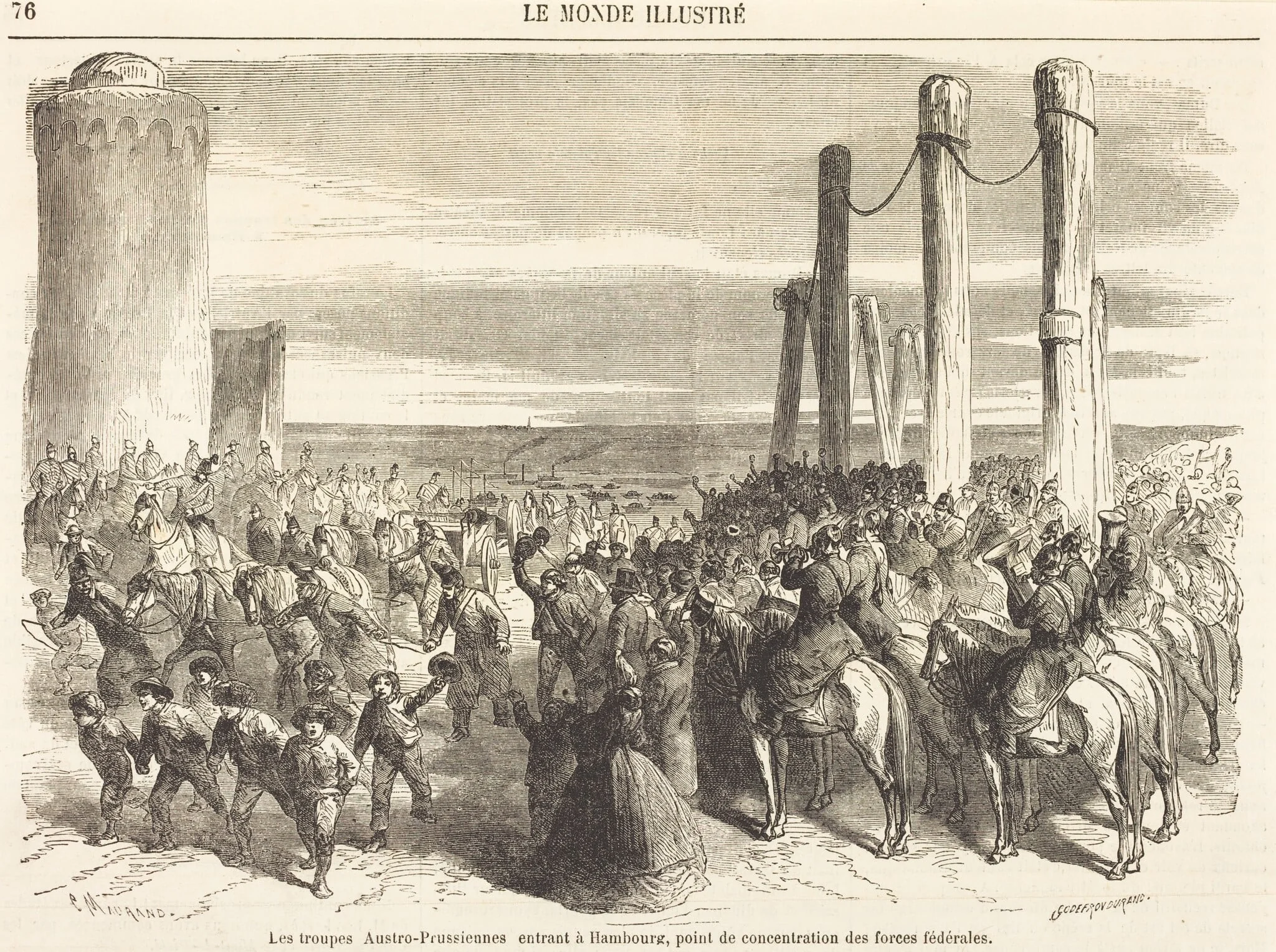 Les troupes Austro-Prussiennes entrant a Hambourg ... [top half], by Charles Maurand, ink, 1864