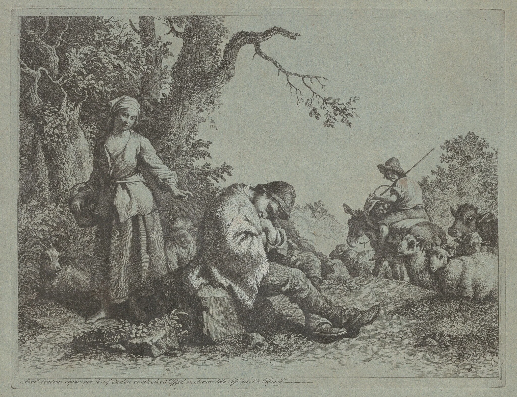 Sleeping Shepherd Boy and  Woman with a Child, by Francesco Londonio, ink, 1770