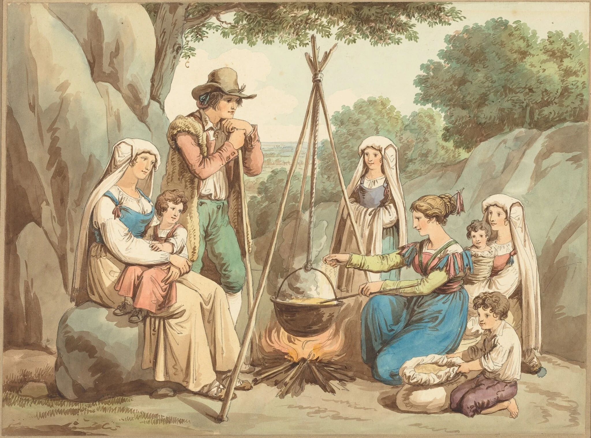A Peasant Family Cooking over a Campfire