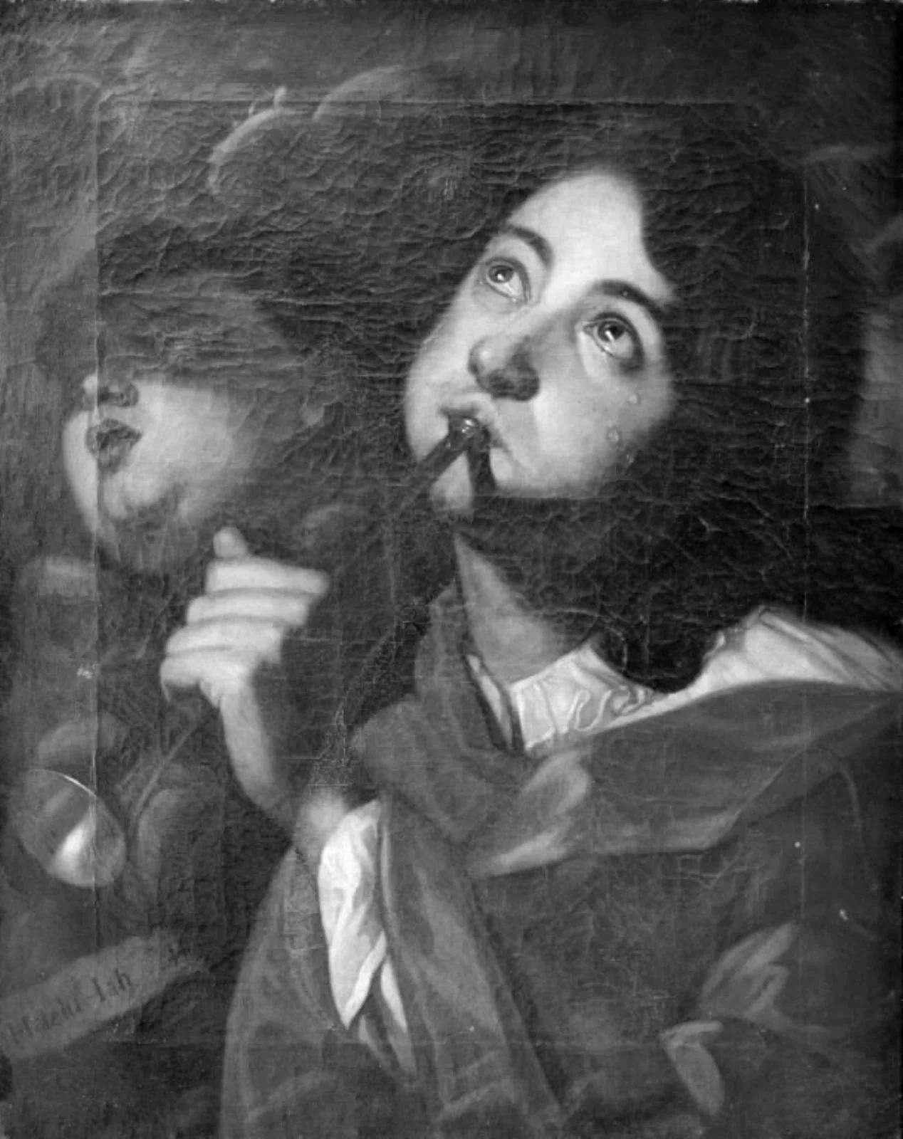 Trompetblæsende engel, i baggrunden keruber, by Unknown, 1750