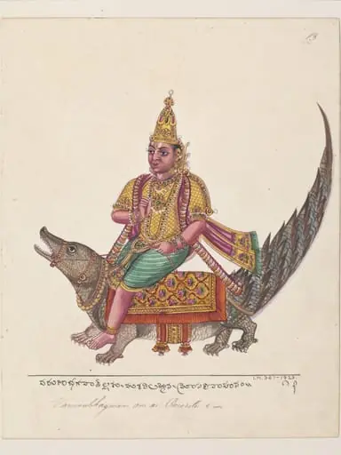 Varuna, god of the water and the ocean and guardian of the west, riding on a makara (mythological water creature).