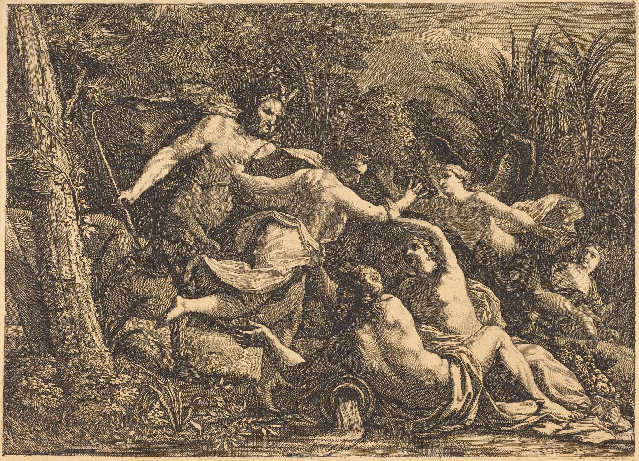 Pan and Syrinx, by Michel Dorigny, ink, 1666