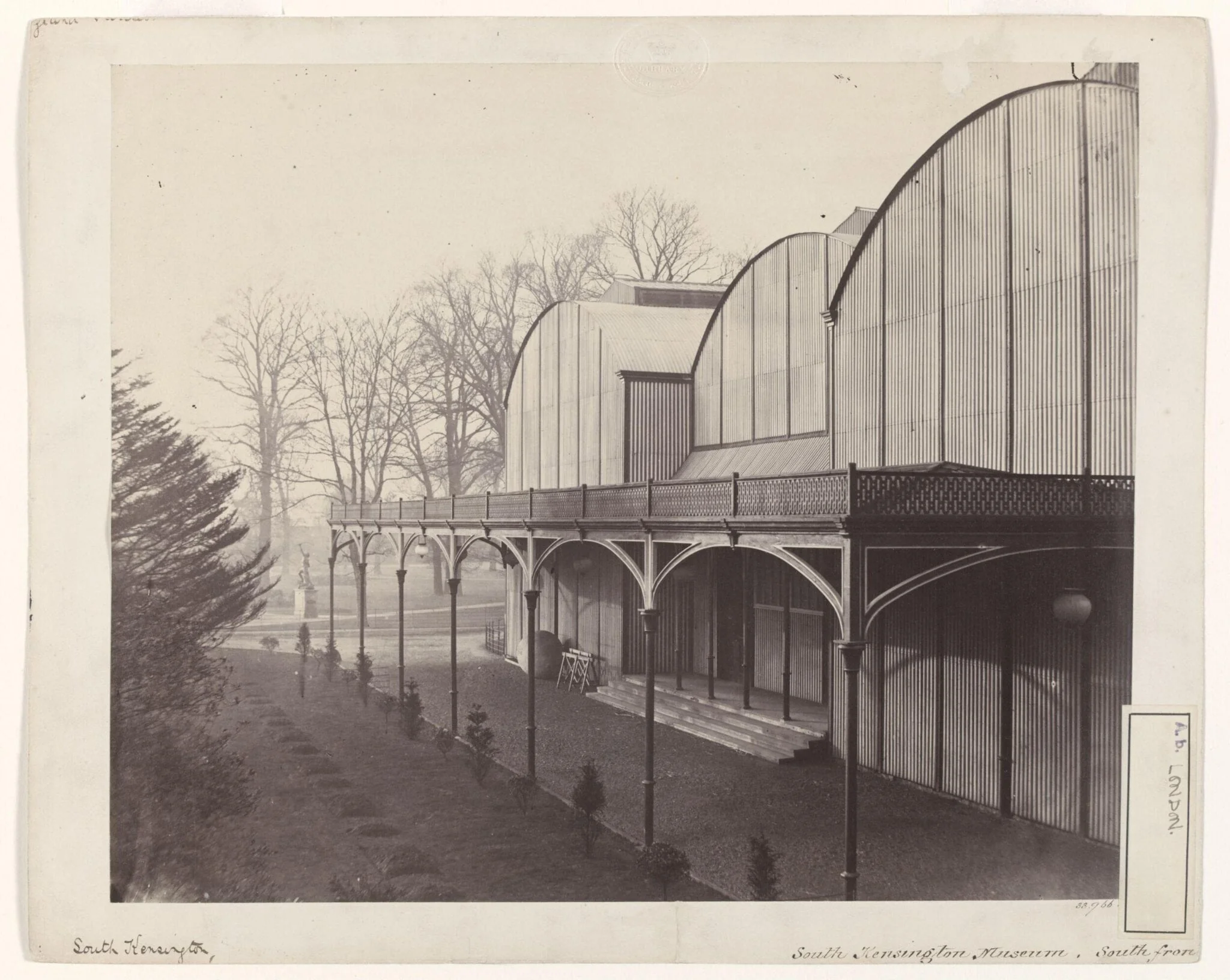 Exterior view of the south front entrance of the South Kensington Museum (the 'Brompton Boilers'), by Charles Thurston Thompson, photographic, 1862