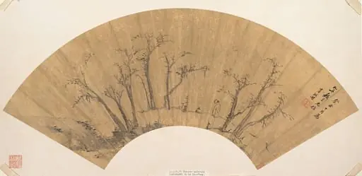 明　李流芳　疏林小景　扇|Figure standing in a grove of trees