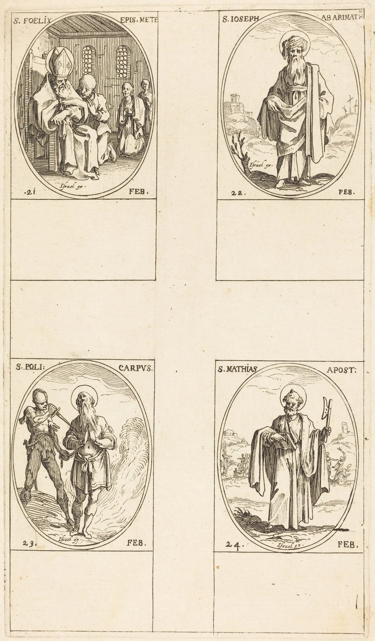 St. Felix; St. Joseph of Arimathea; St. Polycarpe; St. Matthias, Apostle, by Jacques Callot, ink, 1634