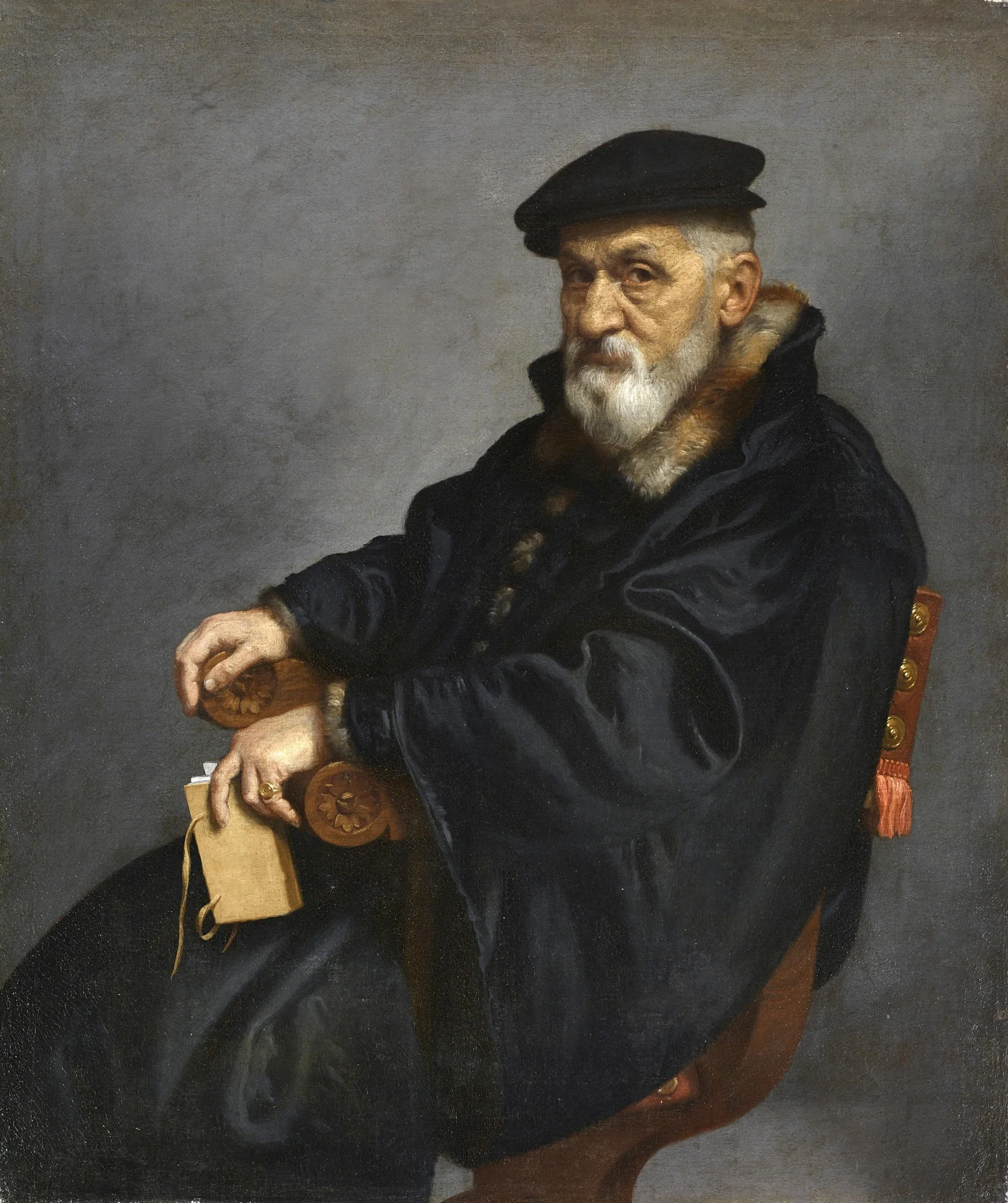 Portrait of a seated Old Man, by Giovanni Battista Moroni, oil, 1588
