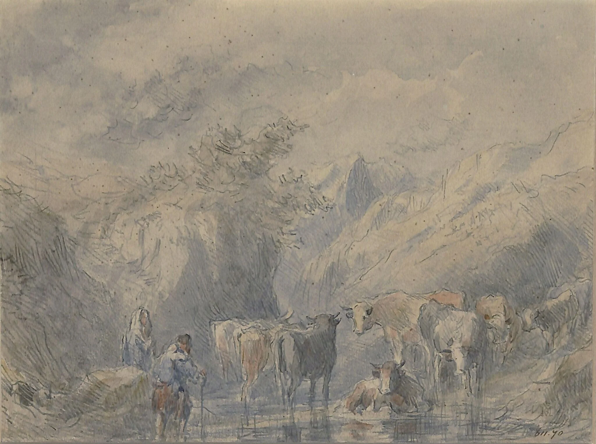 Cattle at a Pool, by Tayler, watercolor, 1820