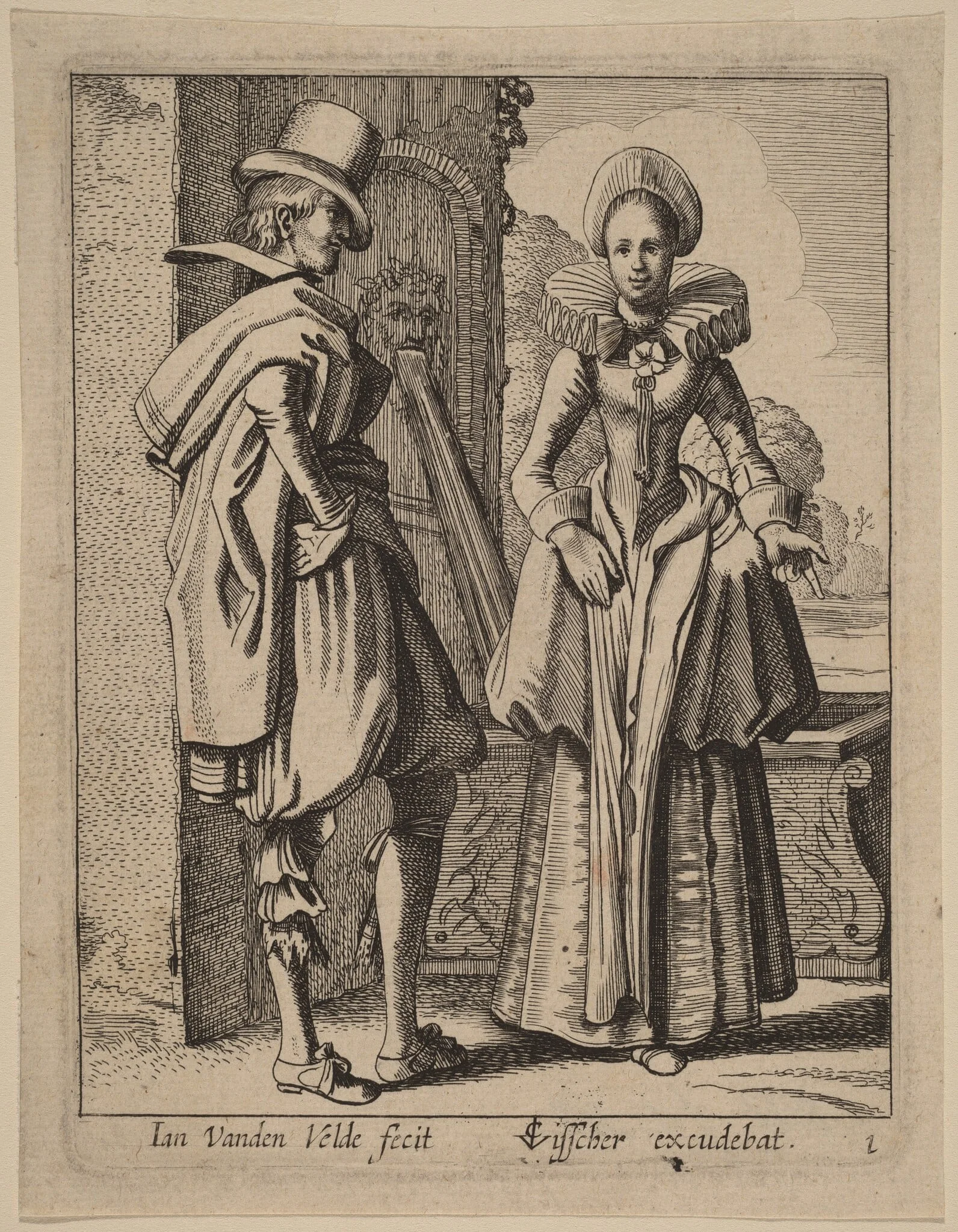 Two Figures in Costume, by Jan van de Velde, ink, 1617