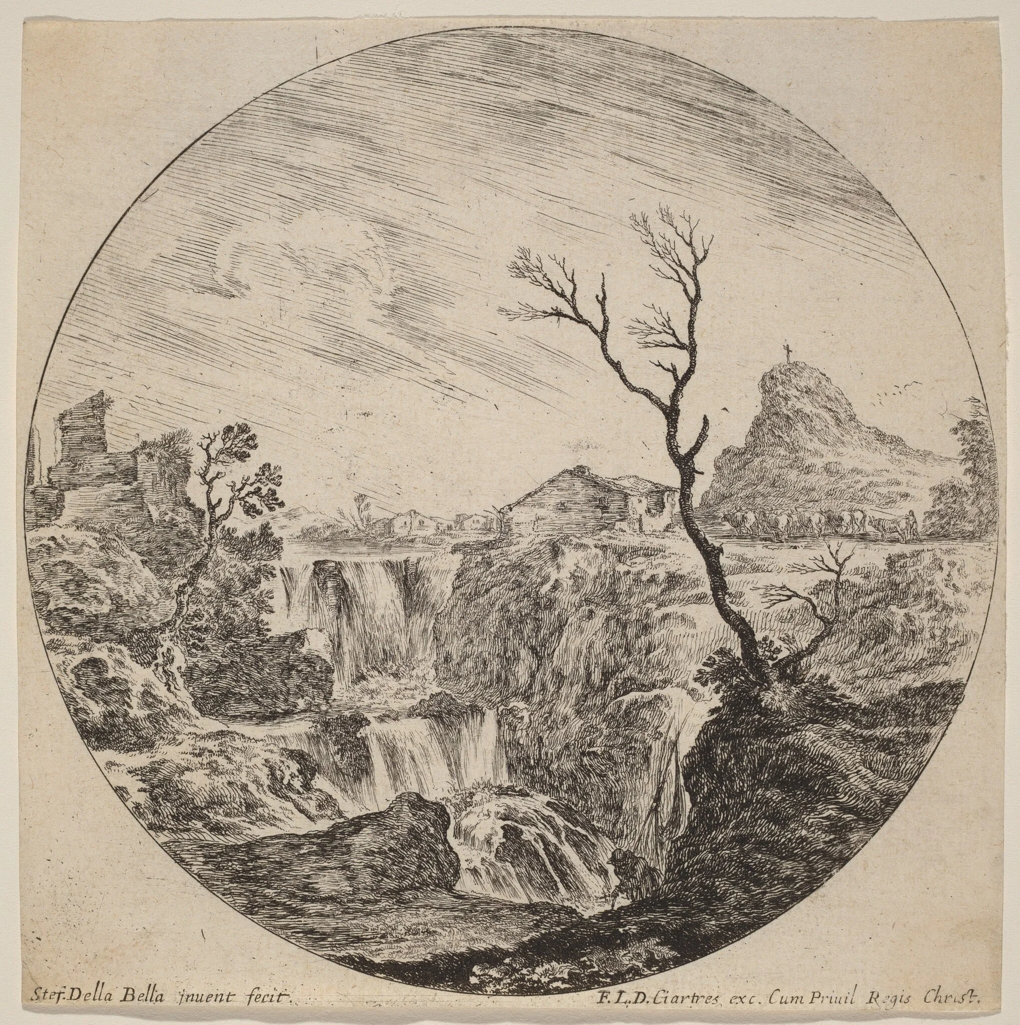 Waterfall with Three Tiers, by Stefano Della Bella, ink, 1646