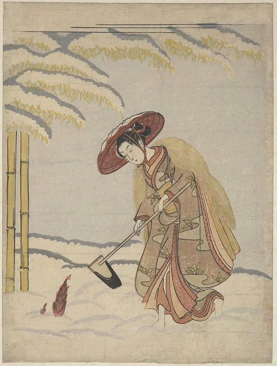 鈴木春信画　雪中に筍を掘る女　見立孟宗|Woman Digging Bamboo Shoots in the Snow, or Parody of Meng Zong (Mōsō), from Twenty-Four Paragons of Filial Piety, by Suzuki Harunobu, ink, 1765