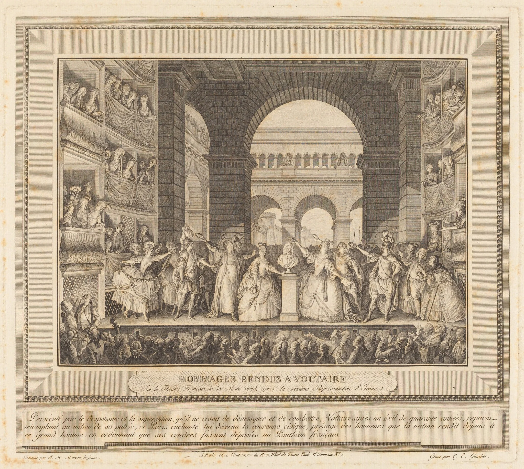 Couronnement de Voltaire (The Crowning of Voltaire), by Charles-Etienne Gaucher, ink, 1782