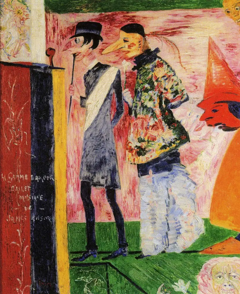 Figures in Front of a Poster of La Gamme d’amour (after The Entry of Christ into Brussels in 1889)