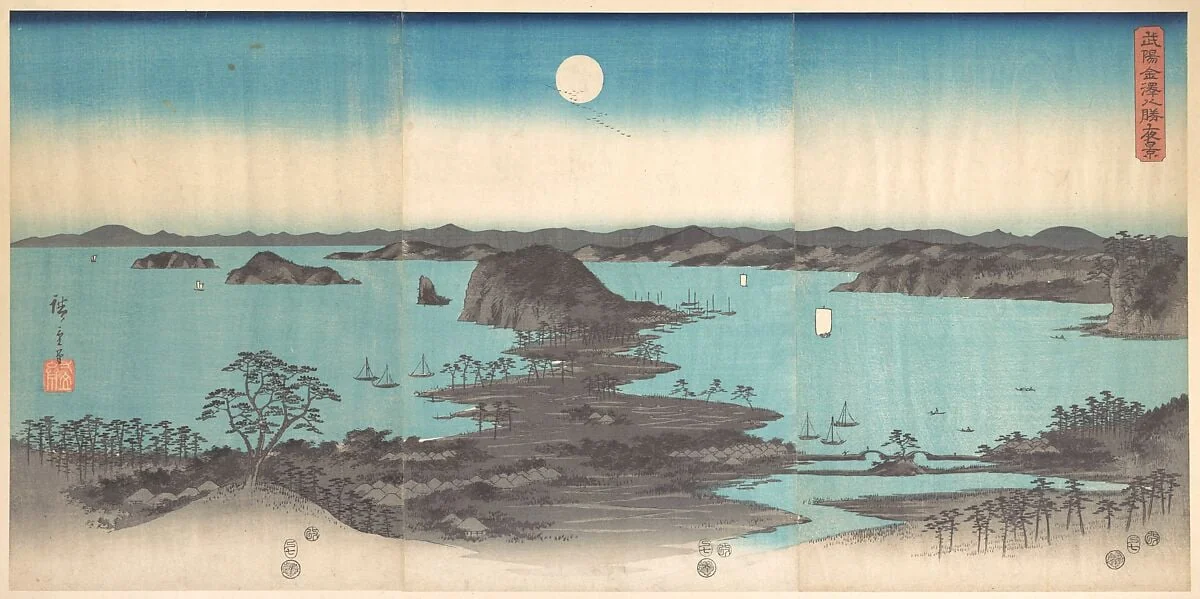 雪月花　武陽金沢八勝夜景|Panorama of the Eight Views of Kanasawa under a Full Moon, by Utagawa Hiroshige, ink, 1857