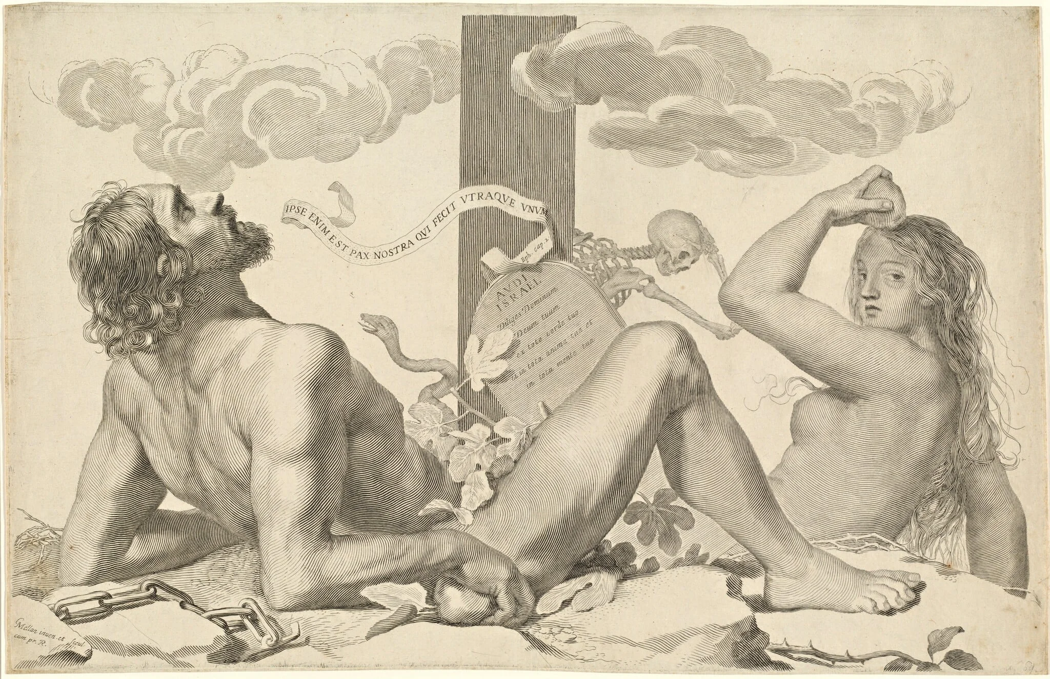 Adam and Eve at the Foot of the Cross, by Claude Mellan, ink, 1647