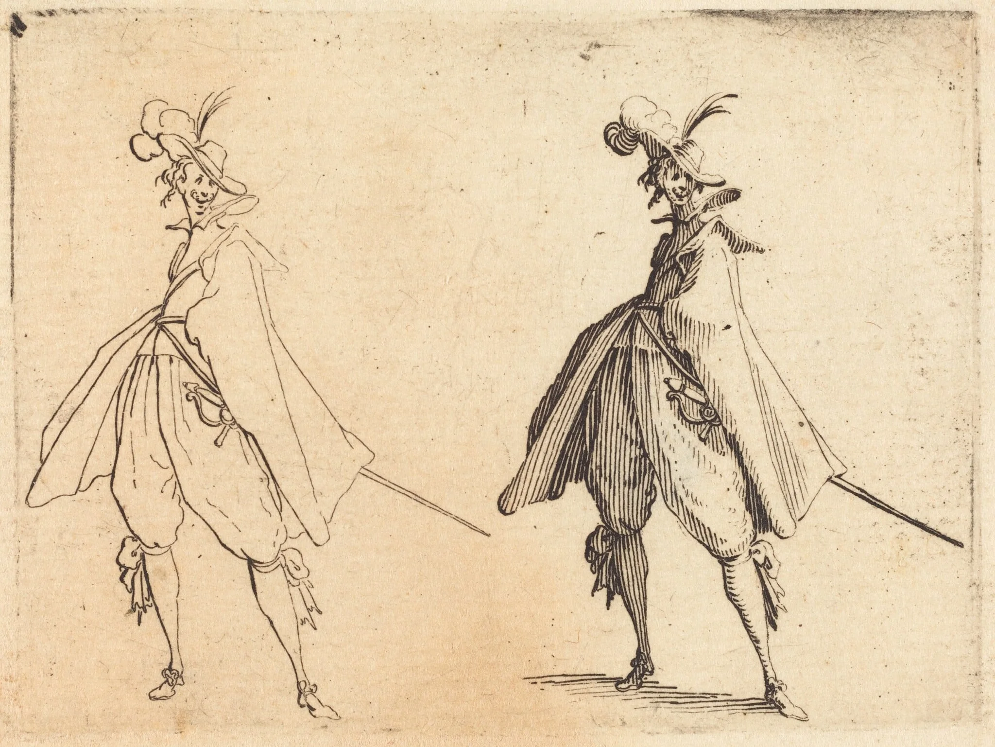 Gentleman in Large Mantle, Front View, by Jacques Callot, ink, 1617