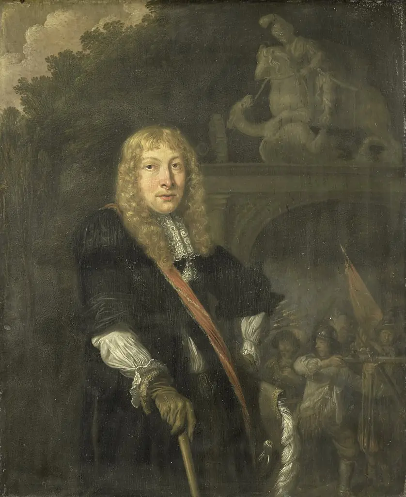 Portrait of an officer of the Leiden civic guard in front of the gate of the headquarters of the St. George guards