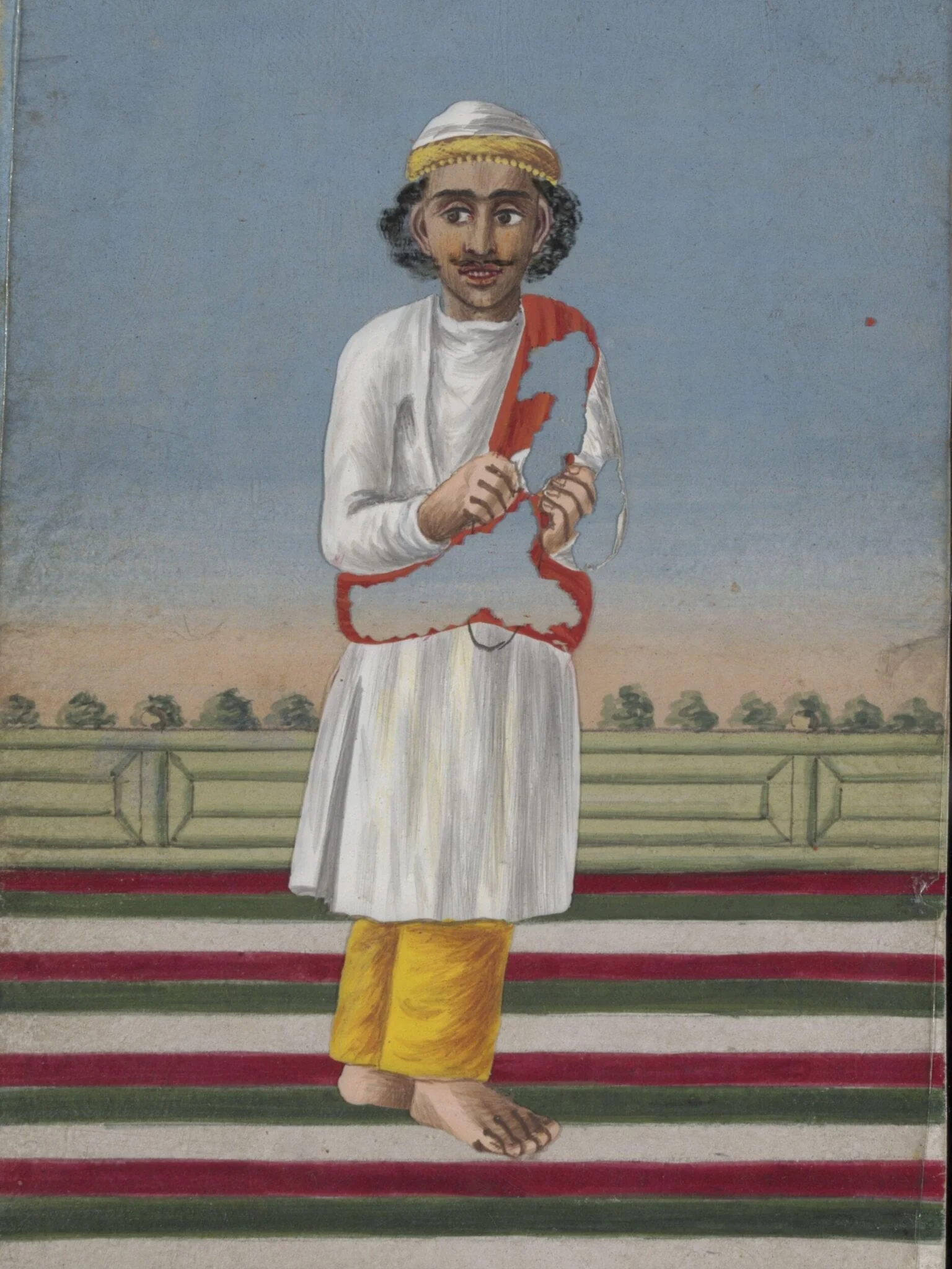 A Box covered and lined with brocade containing a card painted with a face, and with a verandah covered with a striped rug; also twelve mica overlays depicting dancers and musicians., by Unknown, paint, 1860