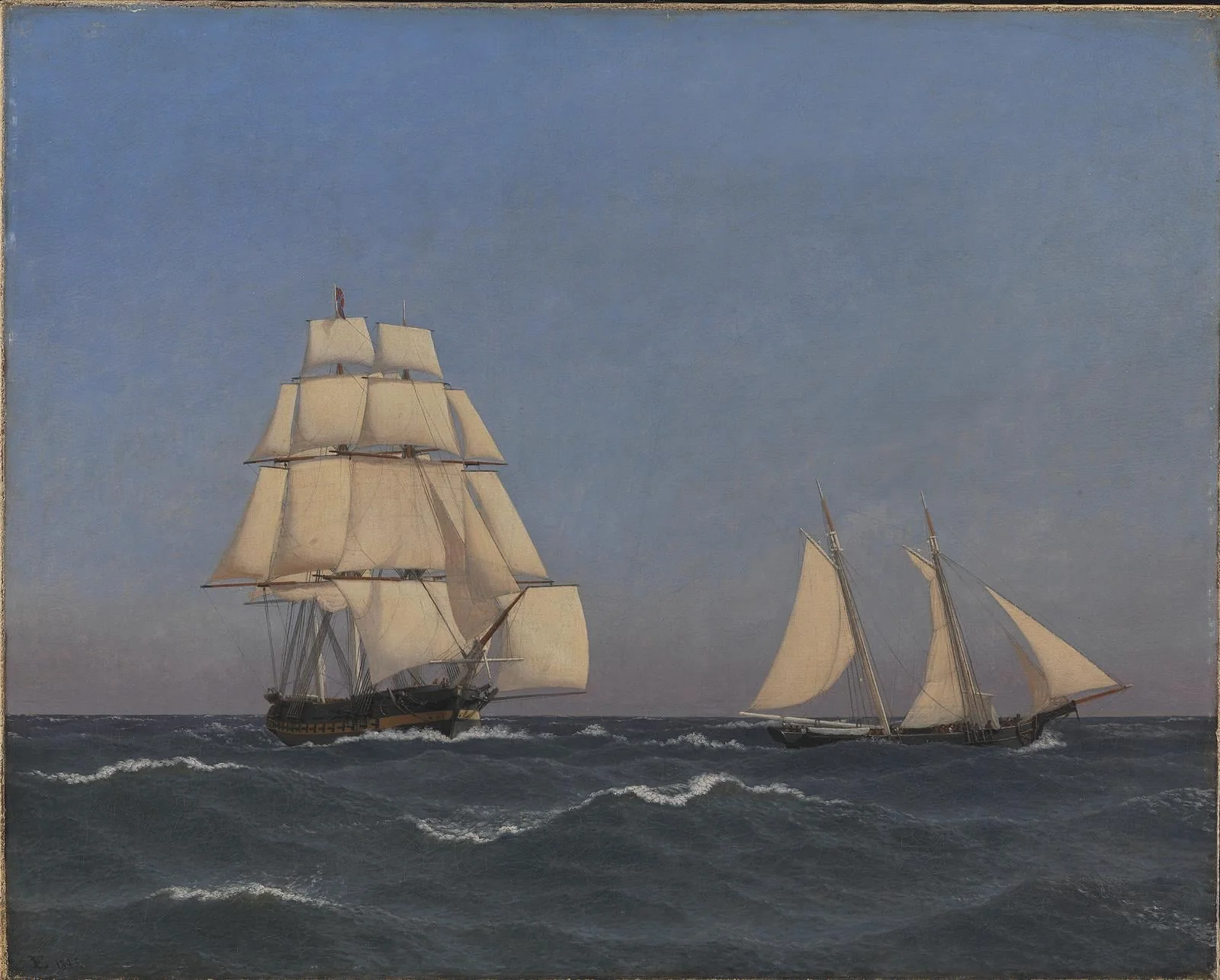 A Privateer Outsailing a Pursuing Frigate, by Unknown artist, 1845